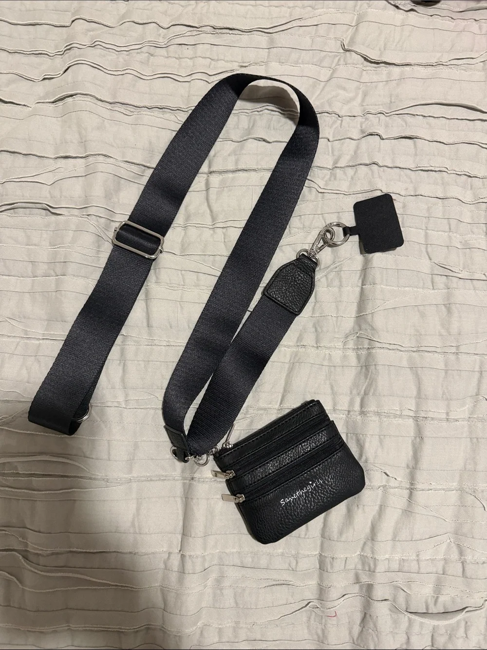Save The Girls Black Leather Crossbody Card Pouch with Adjustable Strap
